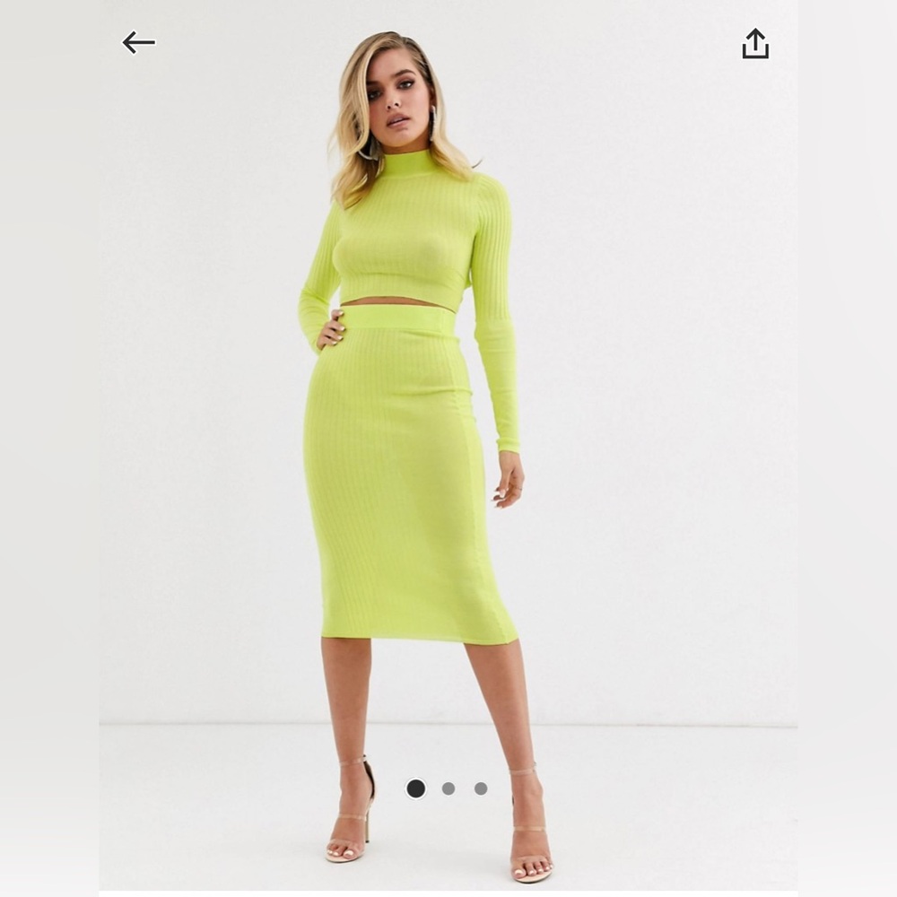 ASOS DESIGN Neon Lime Ribbed Two Piece Skirt Set Cut Out Back US 2